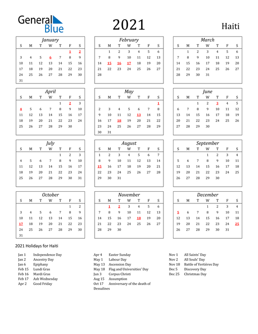 2021 Calendar - Haiti With Holidays-Free Yearly Vacation Calendar 2021