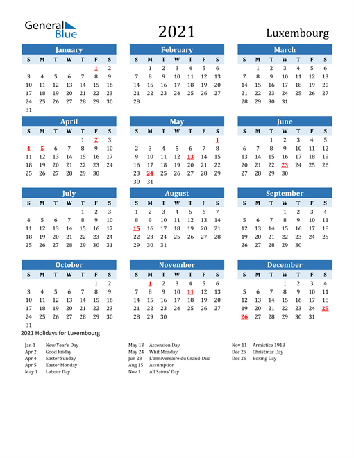 2021 Calendar - Luxembourg With Holidays-Free Vacation Calendar 2021