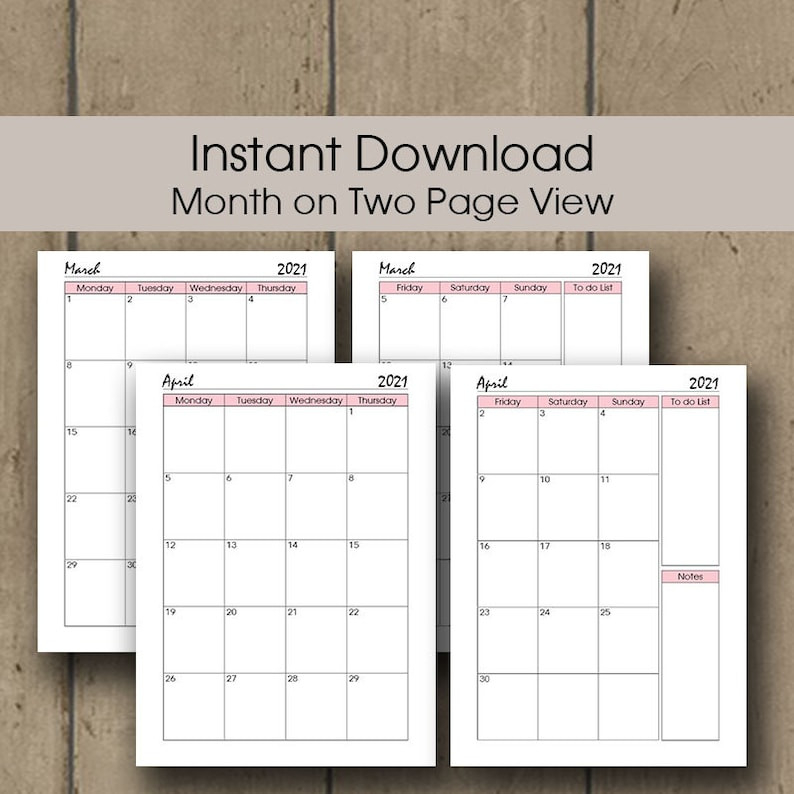 2021 Calendar Page Printable 2021 Monthly Planner Insert-Monthly 2 Page Calendar 2021 Printable