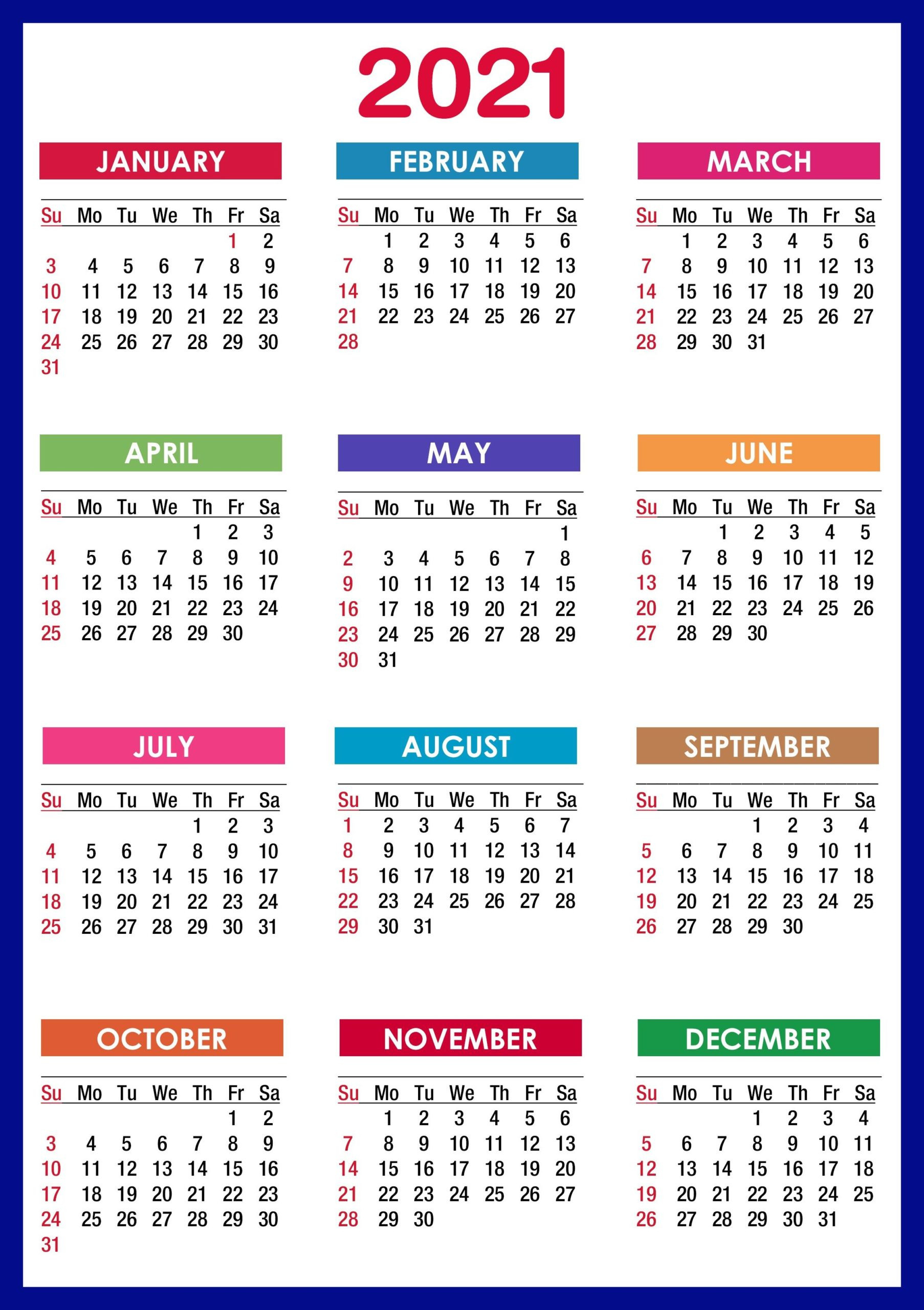 2021 Calendar Printable 12 Months All In One Calendar 2021-Free Online Printable 2021 Calendar 12 Month