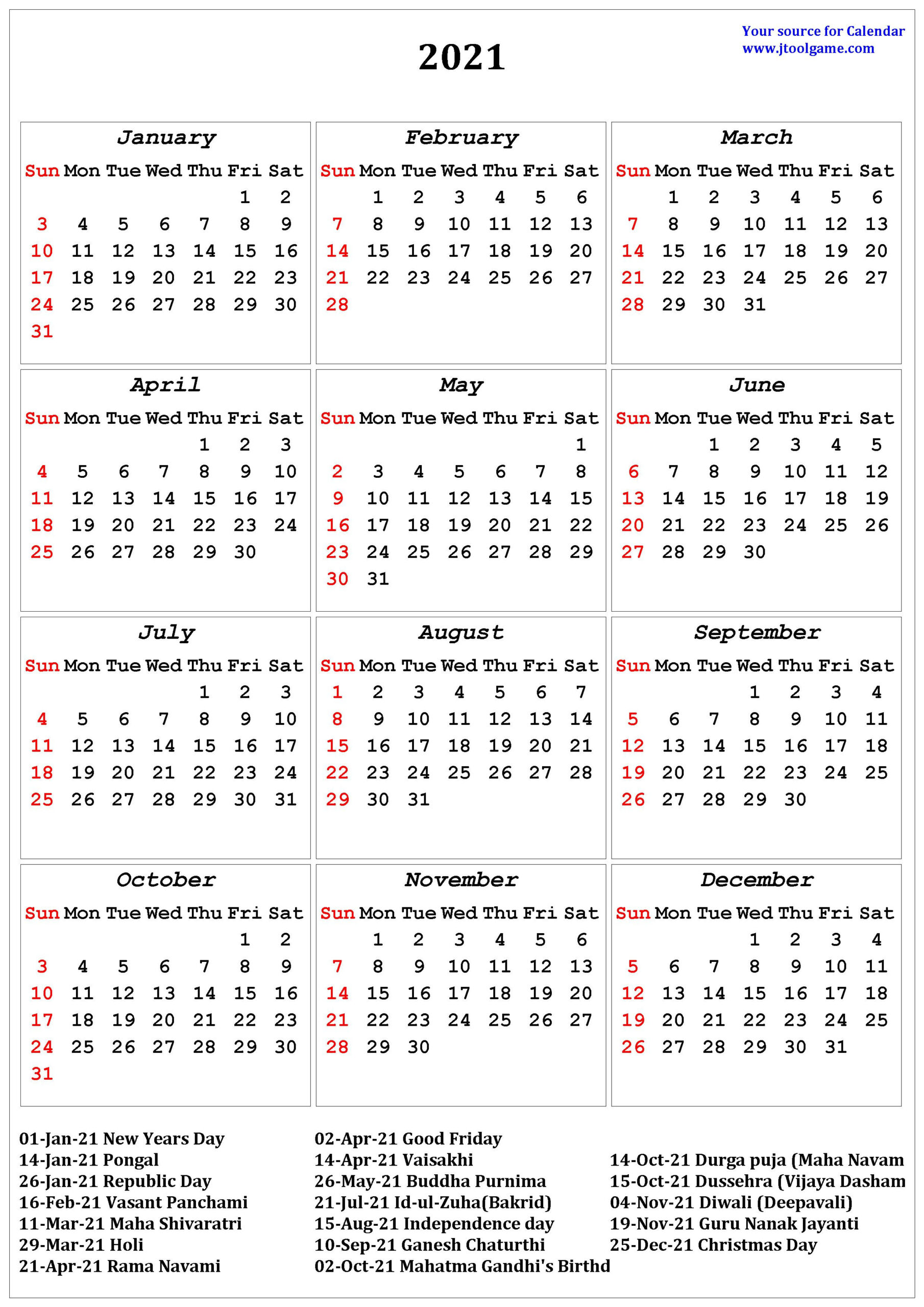 2021 Calendar - Printable Calendar With India Holidays-Indian Holidays 2021 Calendar