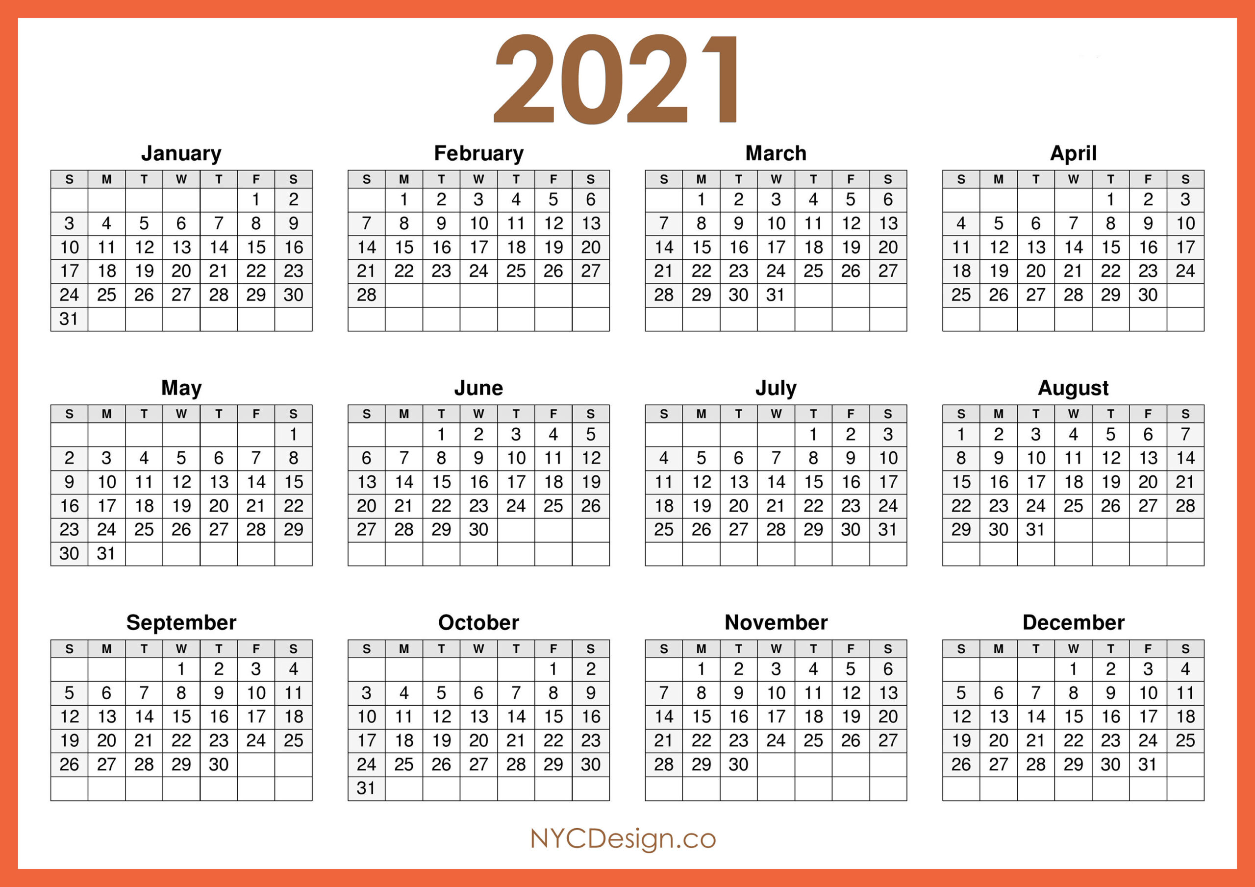 2021 Calendar Printable Free, Horizontal, Orange, Hd-2 Page 2021 Calendar Template Printable