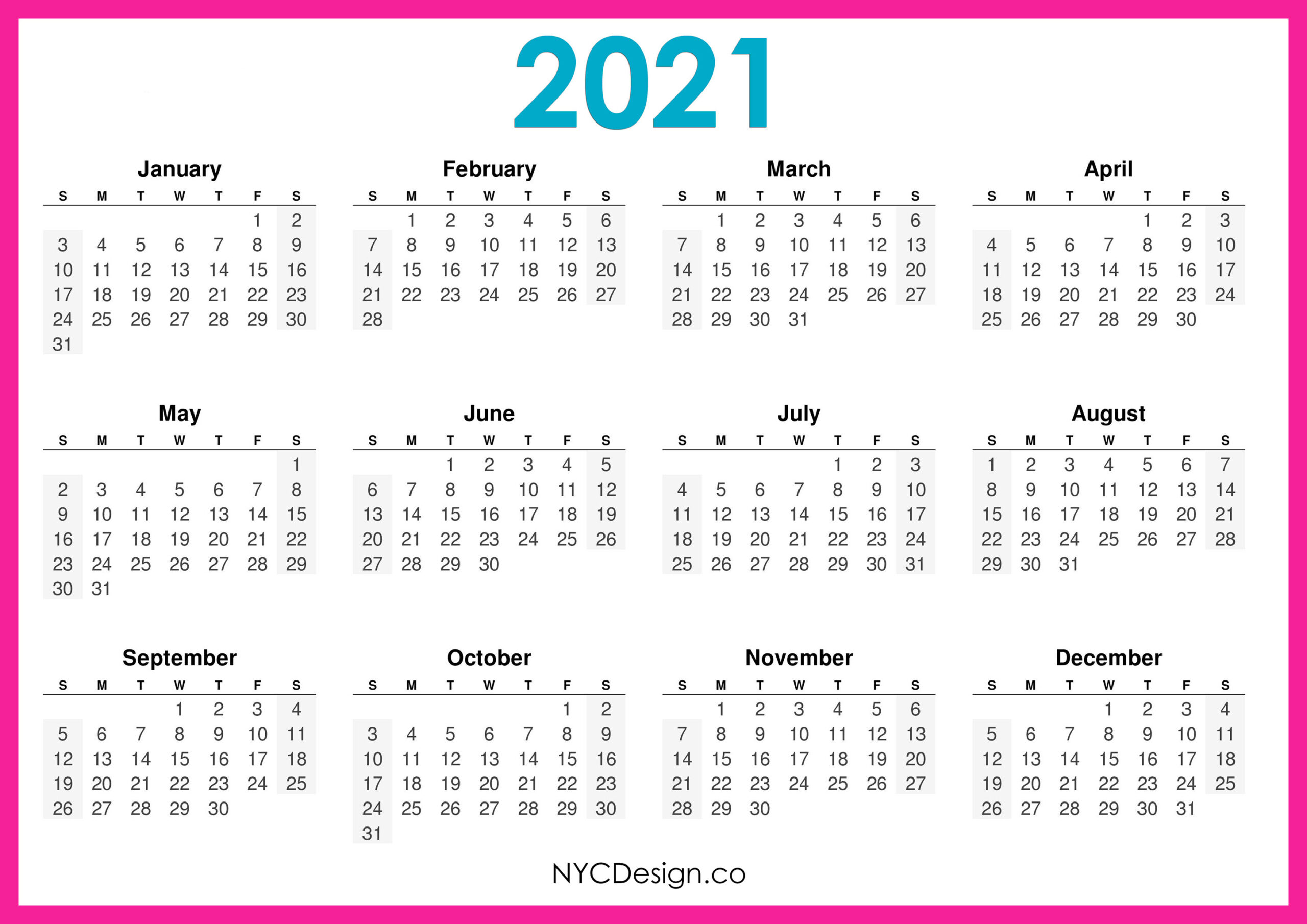 2021 Calendar Printable Free, Horizontal, Pink, Hd-2021 Yearly Calendar One Page Printable