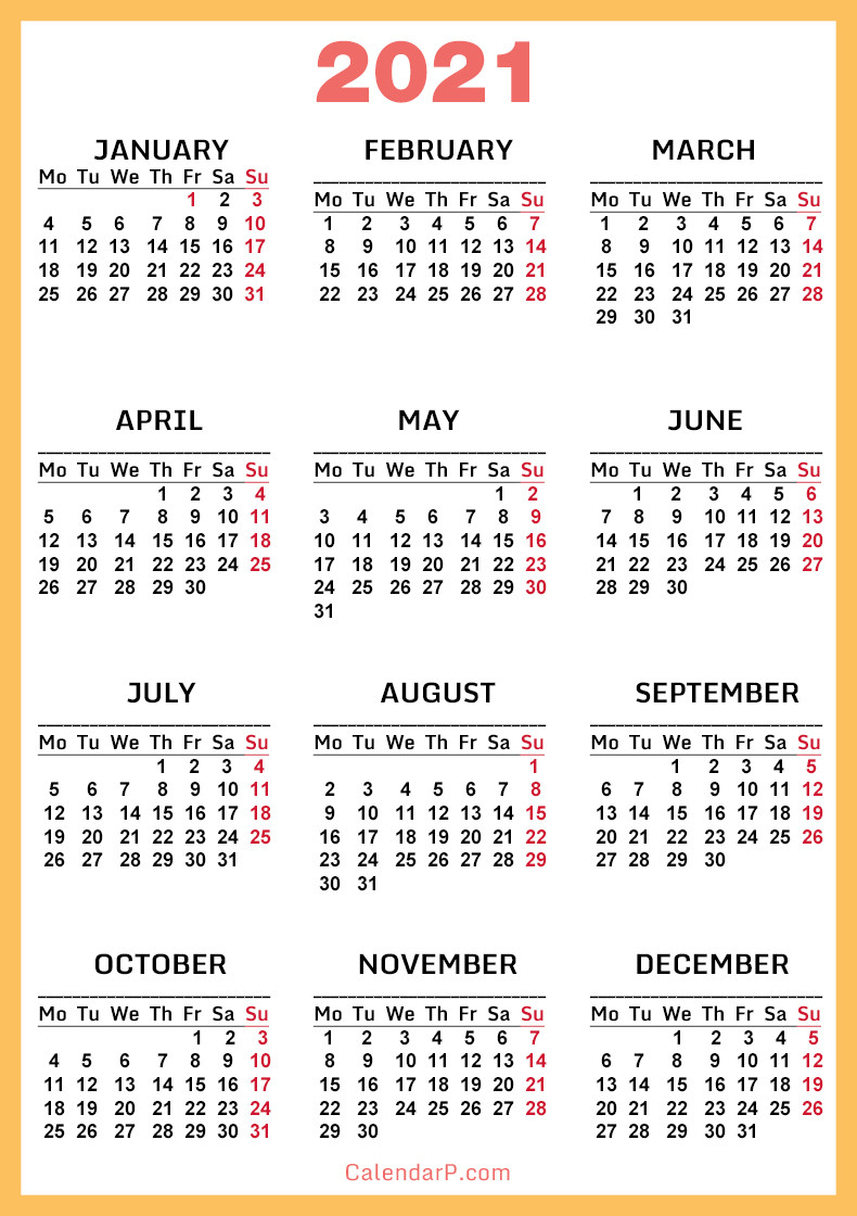 2021 Calendar, Printable Free, Orange, Yellow - Monday-2 Page 2021 Free Printable Planner Calendar