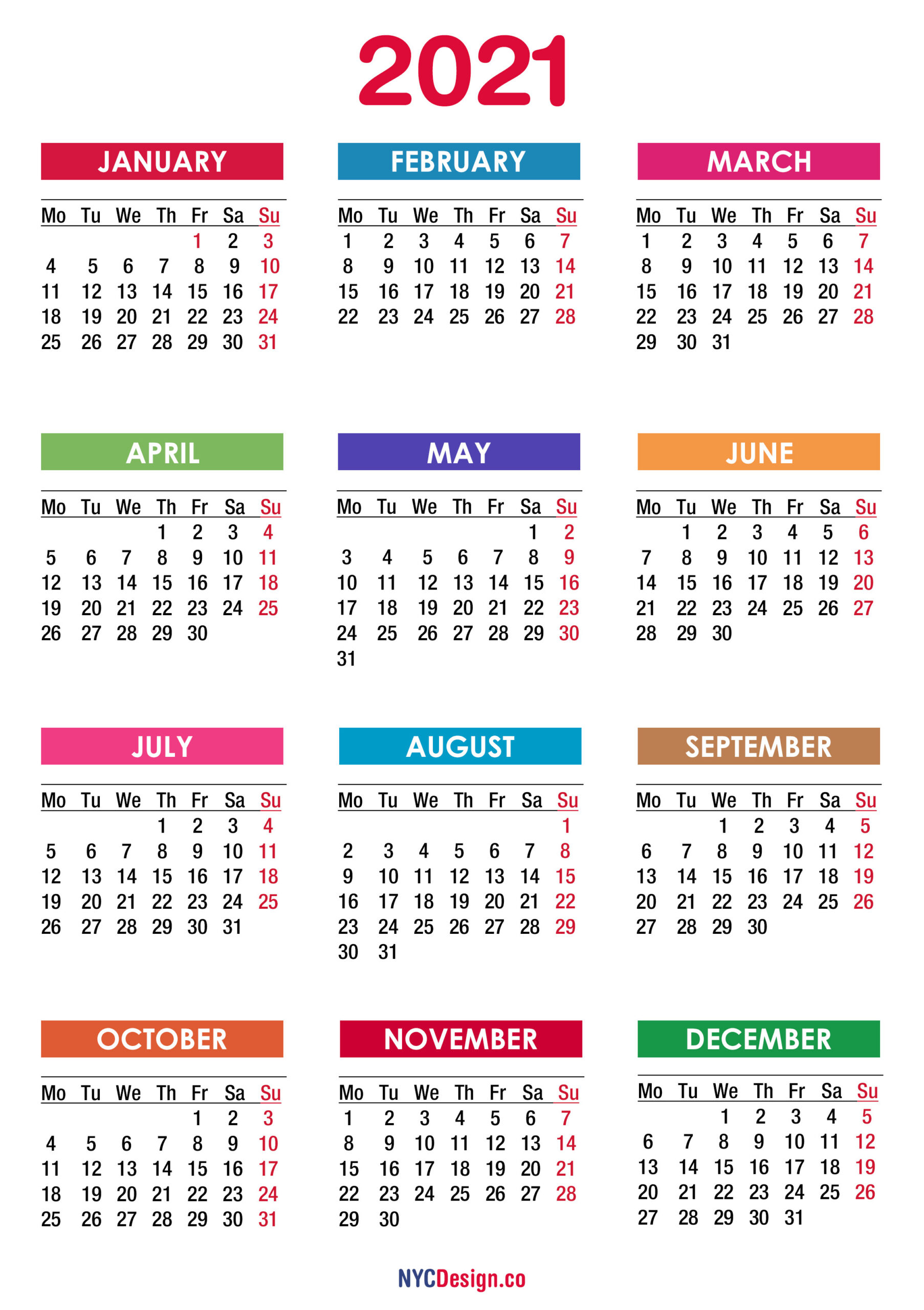 2021 Calendar Printable Free, Pdf, Colorful - Monday Start-Printable Calendar Starting Monday 2021