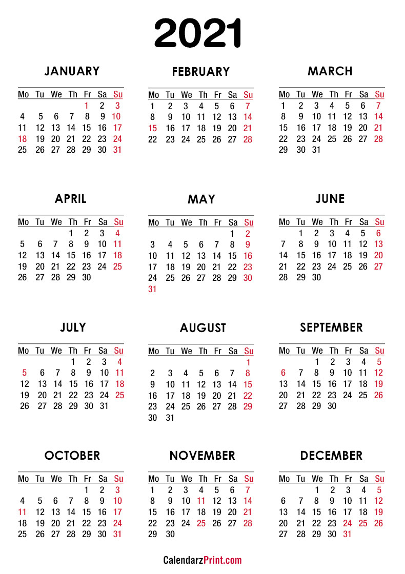2021 Calendar Printable Free With Usa Holidays - Monday-Printable Calendar Starting Monday 2021