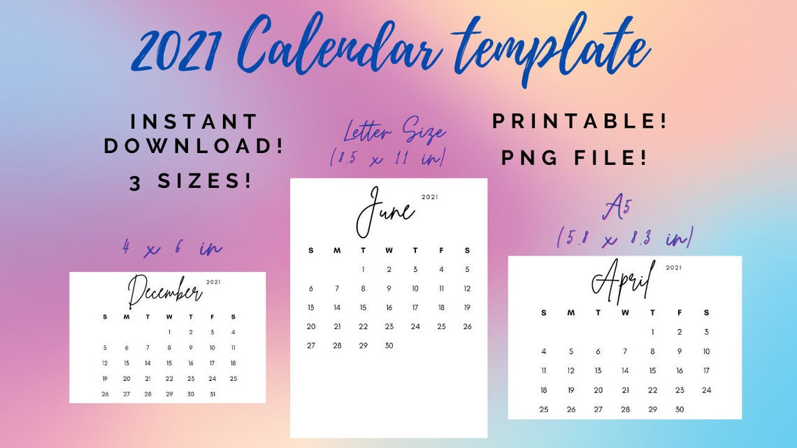 2021 Calendar Template Png File 3 Files A5 4X6 Letter | Etsy-4X6 2021 Calendar Free
