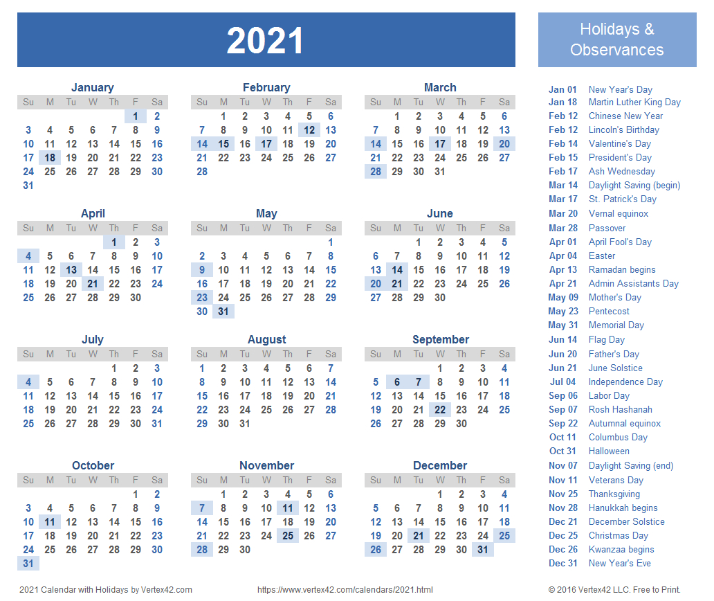 2021 Calendar Templates And Images-2021 Printable Holidays List