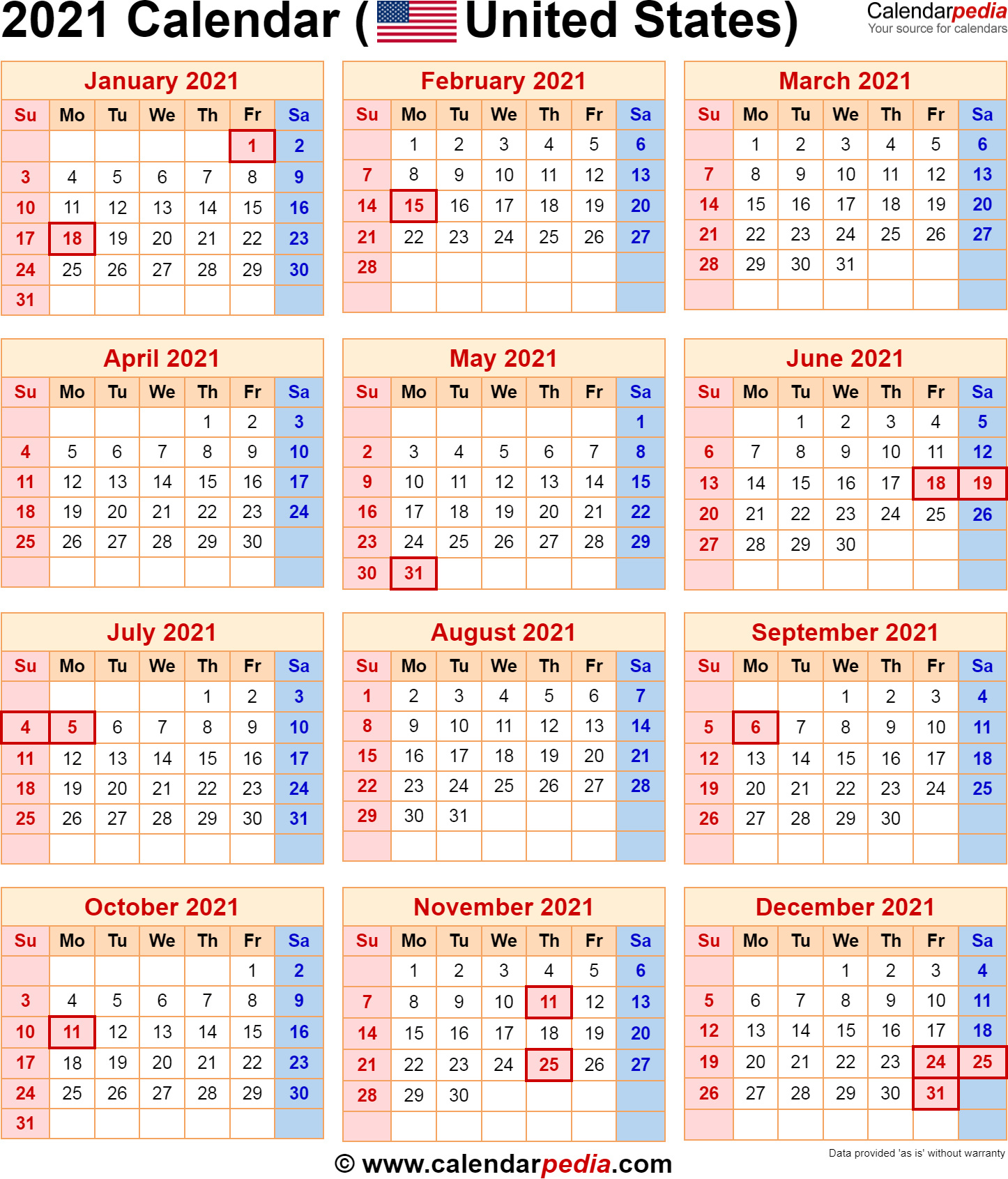 2021 Calendar With Federal Holidays-Excel Vacation Schedule 2021