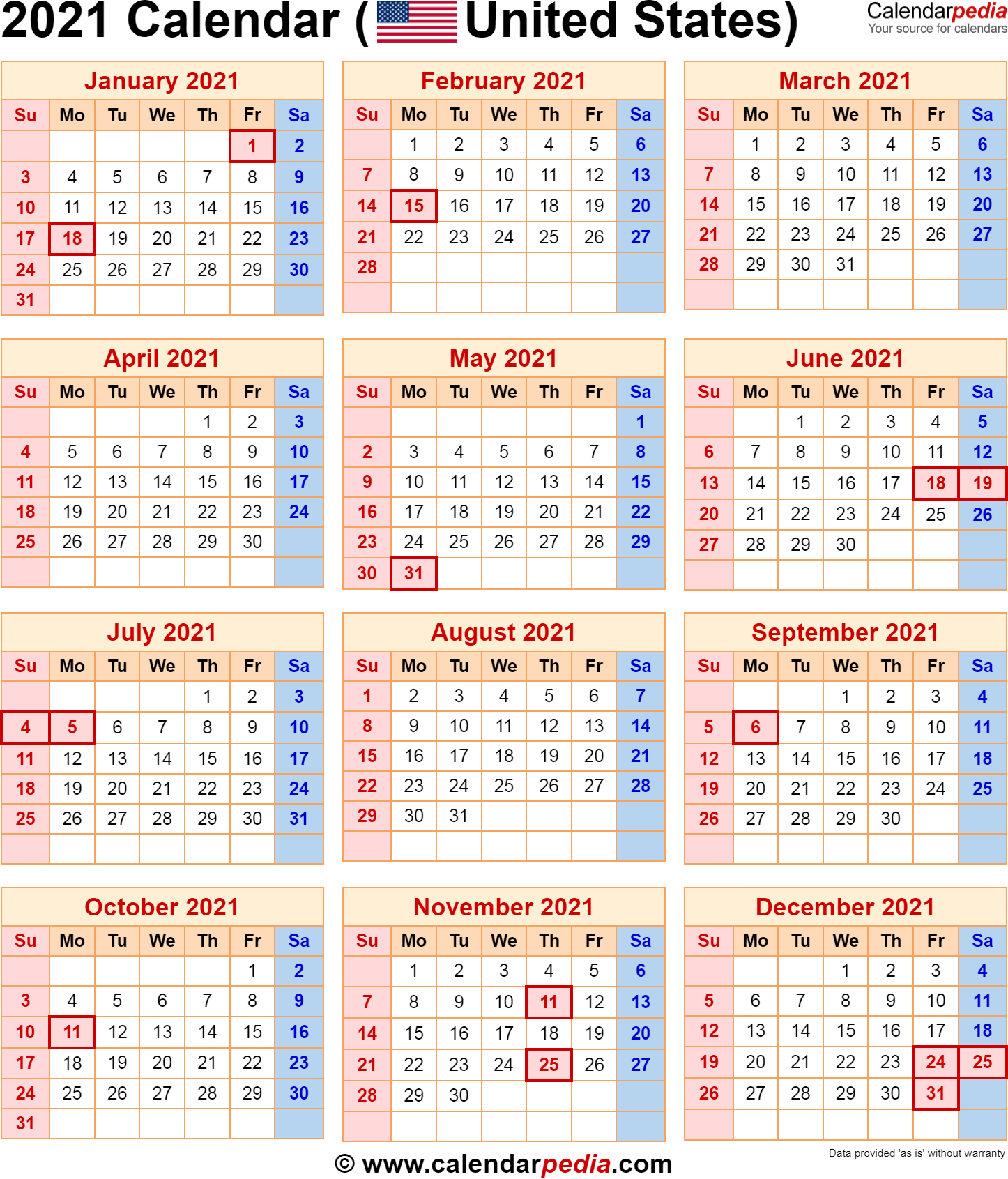 2021 Calendar With Federal Holidays-Free Yearly Vacation Calendar 2021