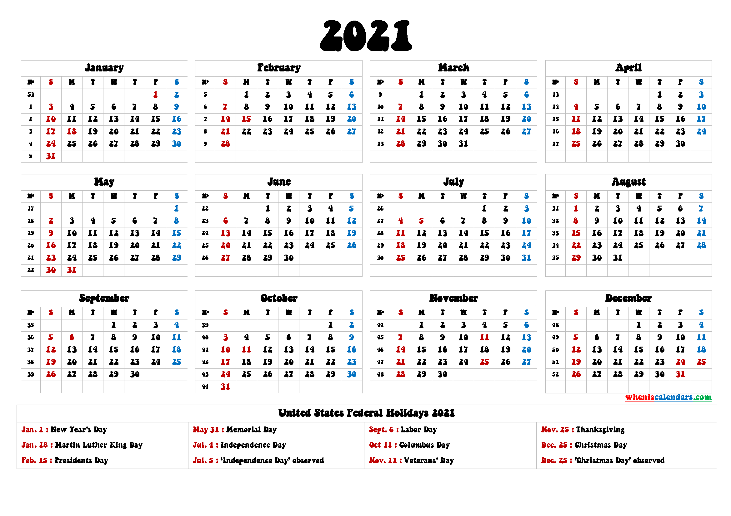 2021 Calendar With Holidays Printable - 6 Templates | Free-2021 Federal Holiday Calendar Printable
