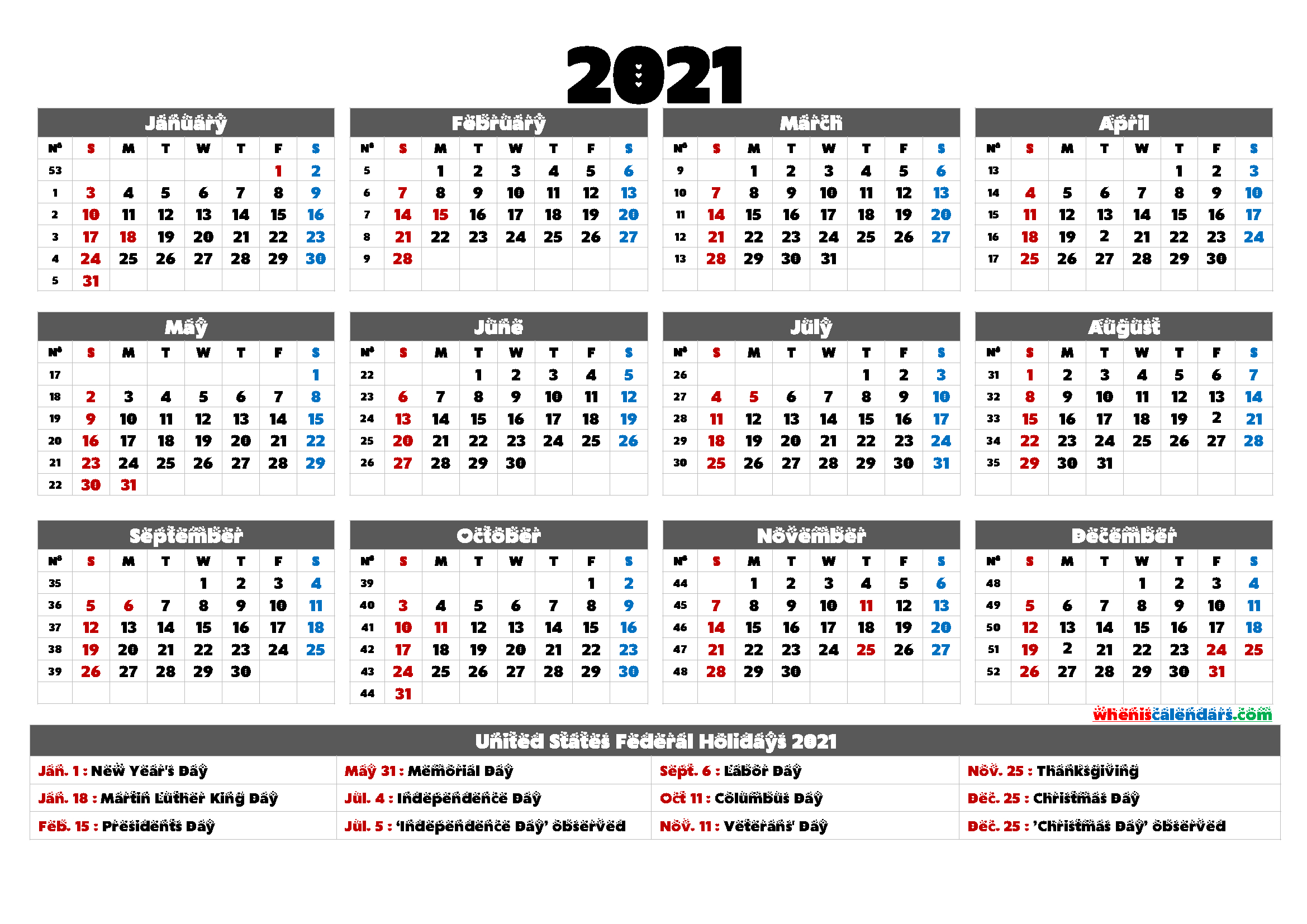 2021 Calendar With Holidays Printable - 6 Templates | Free-2021 Printable Holidays List
