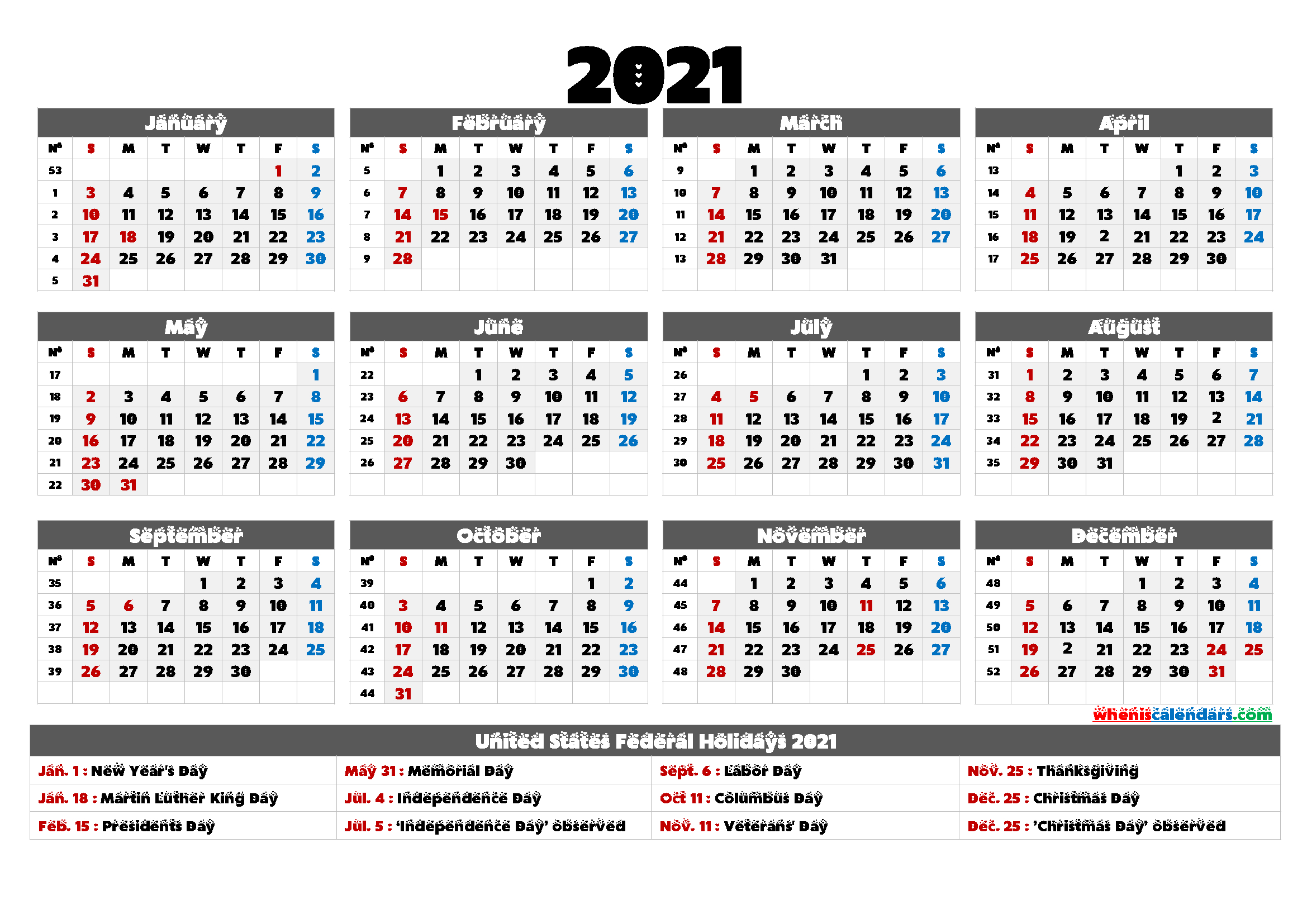 2021 Calendar With Holidays Printable - 6 Templates | Free-2021 Two Page Calendar