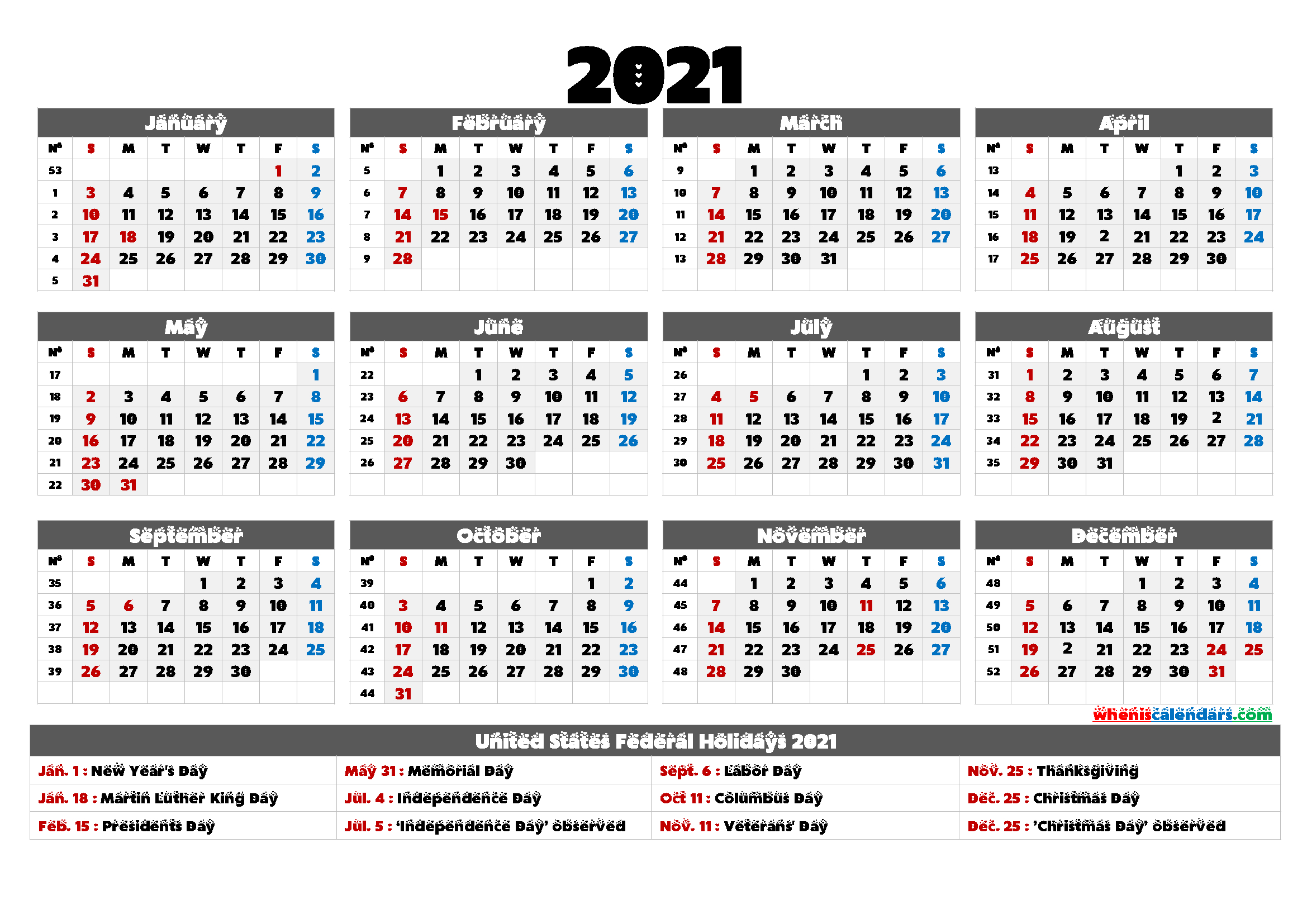 2021 Calendar With Holidays Printable - 6 Templates | Free-Free Yearly Vacation Calendar 2021