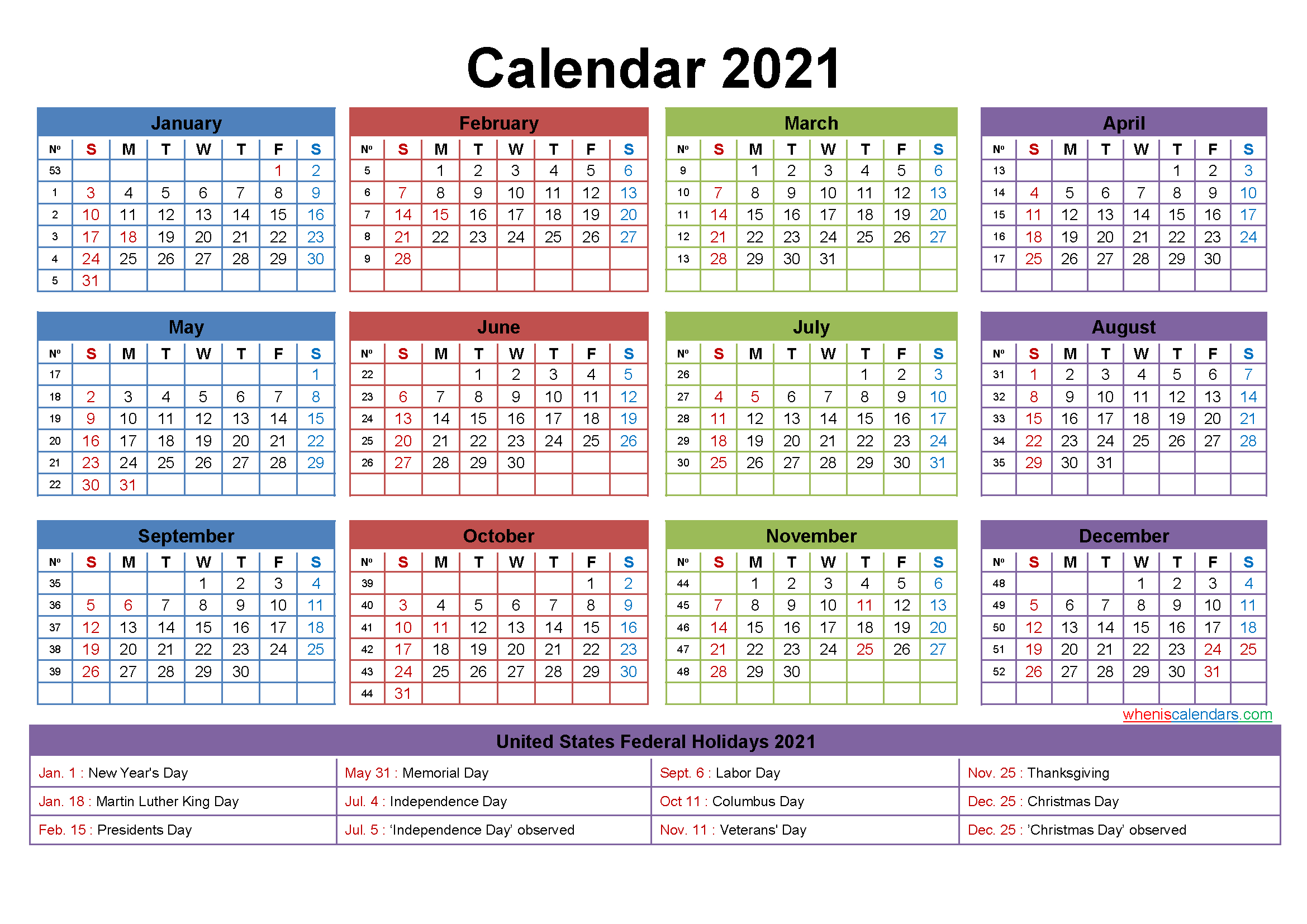 2021 Calendar With Holidays Printable Word, Pdf-2 Page Montly 2021 Calendar