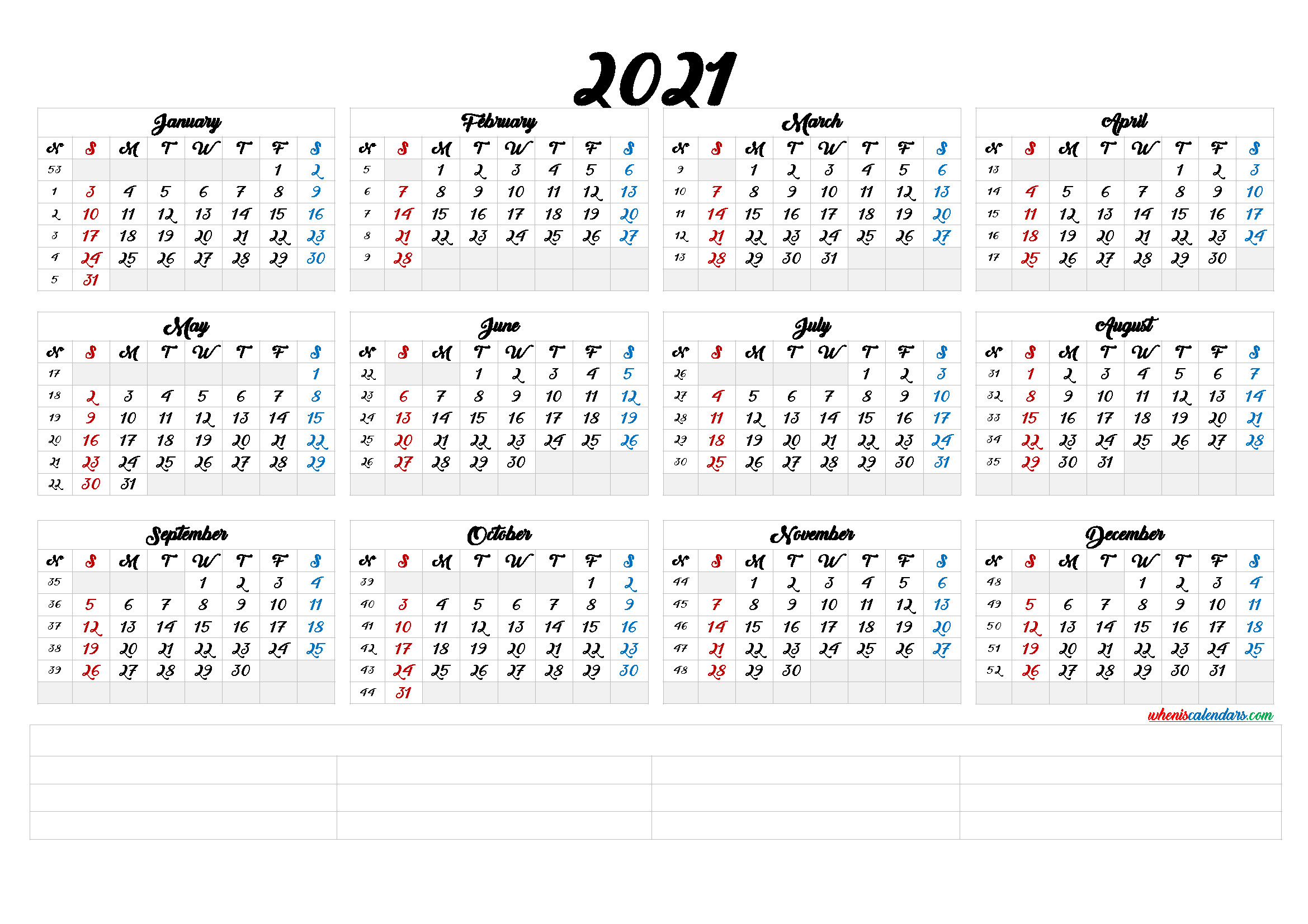 2021 Calendar With Week Number Printable Free : 2021-2021 Yearly Calendar Printable Free