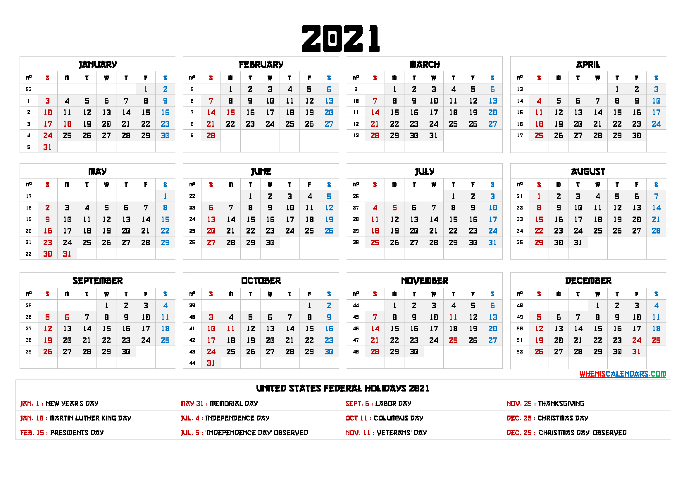 2021 Calendar With Week Numbers Printable - 6 Templates-2021 Yearly Free Fillable Calendar