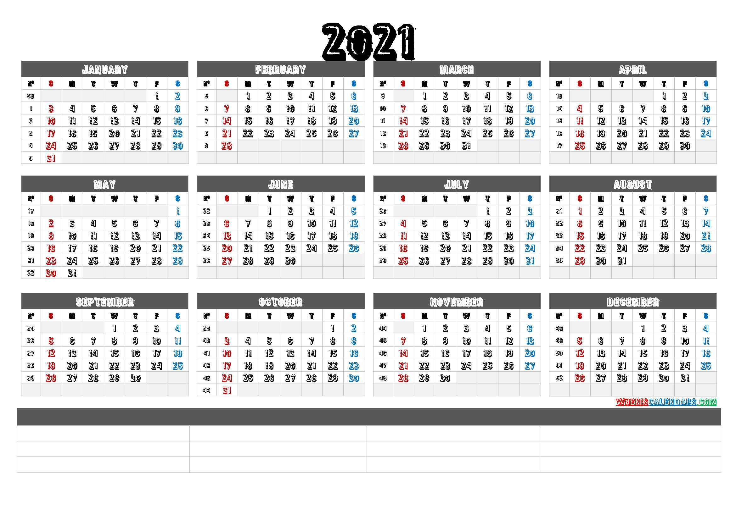 2021 Calendar With Week Numbers Printable (6 Templates-Large Number 2021 Free Calendar