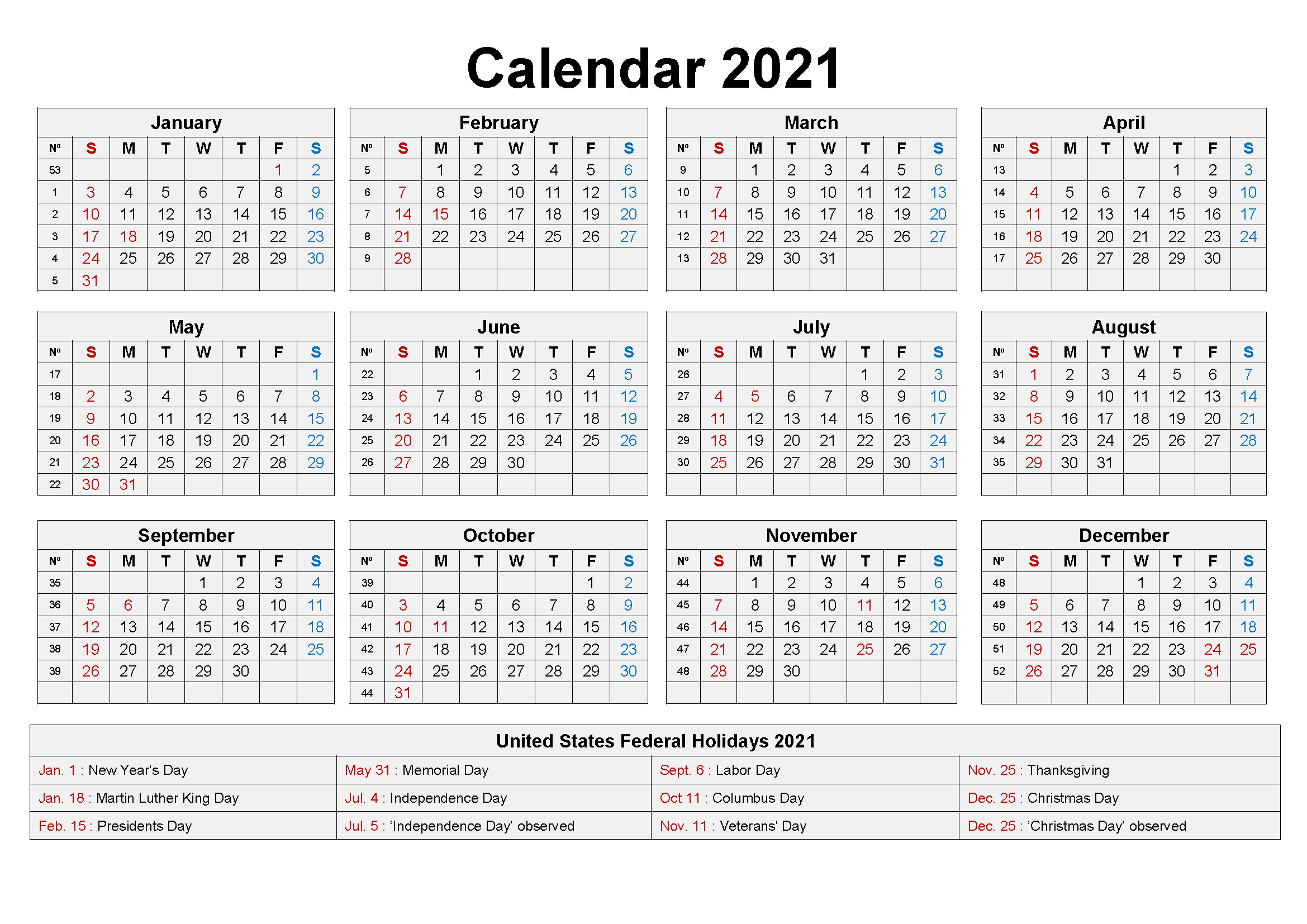 2021 Calendars With Holidays Printable - Printable Calendar-2021 Free Printable Absentee Calendars