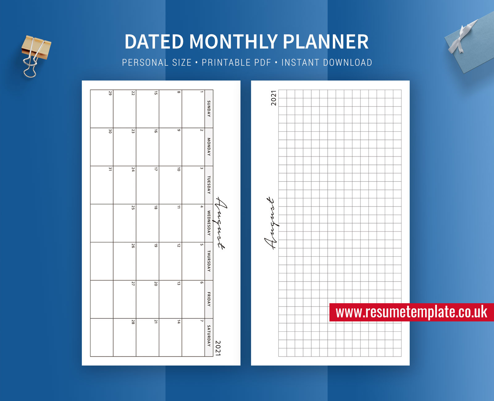 2021 Dated Daily Planner, Day Organizer, Personal Size-2021 Printable Monthly 2 Page Planner