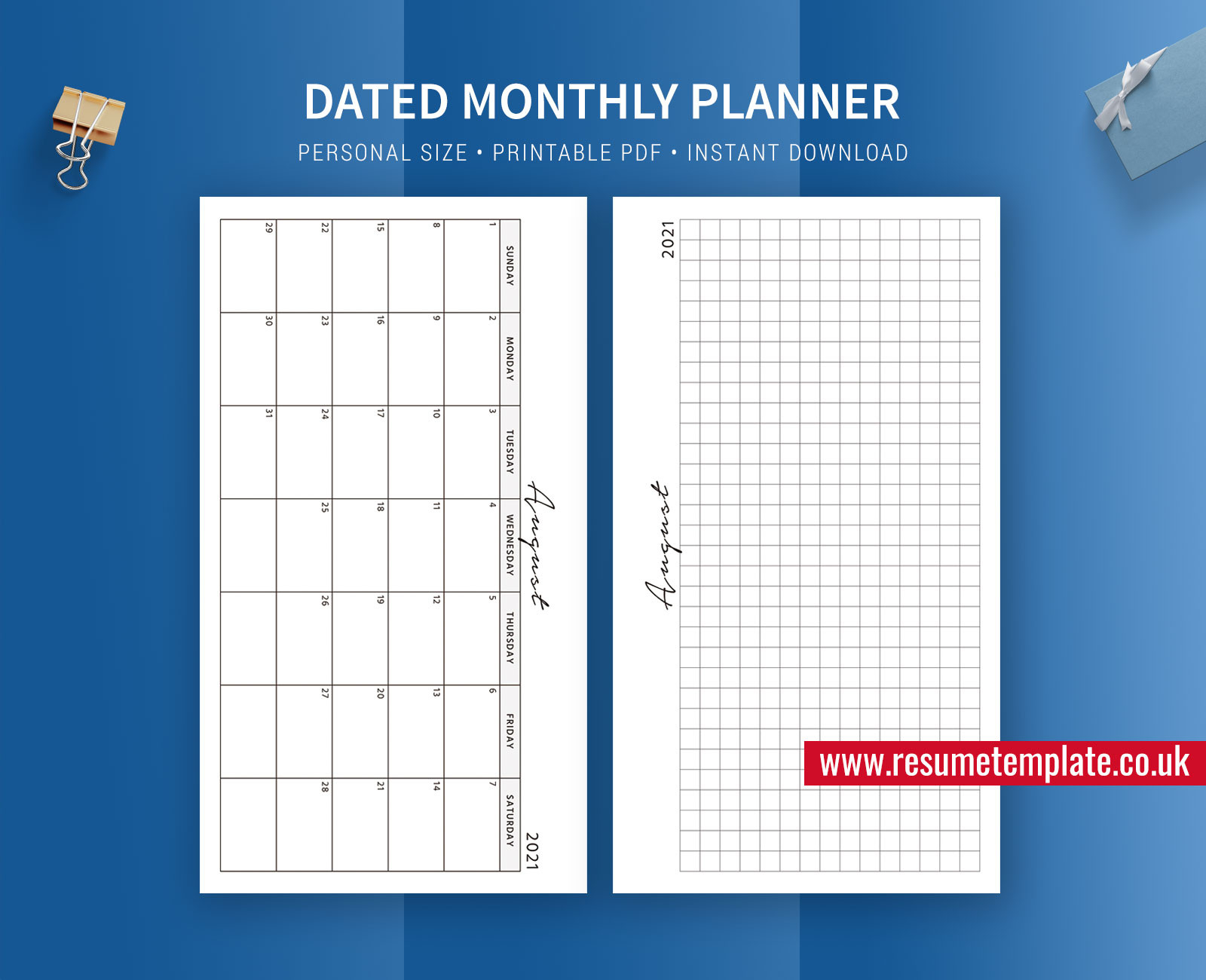 2021 Dated Daily Planner, Day Organizer, Personal Size-Printable 2 Page Monthly Planner 2021