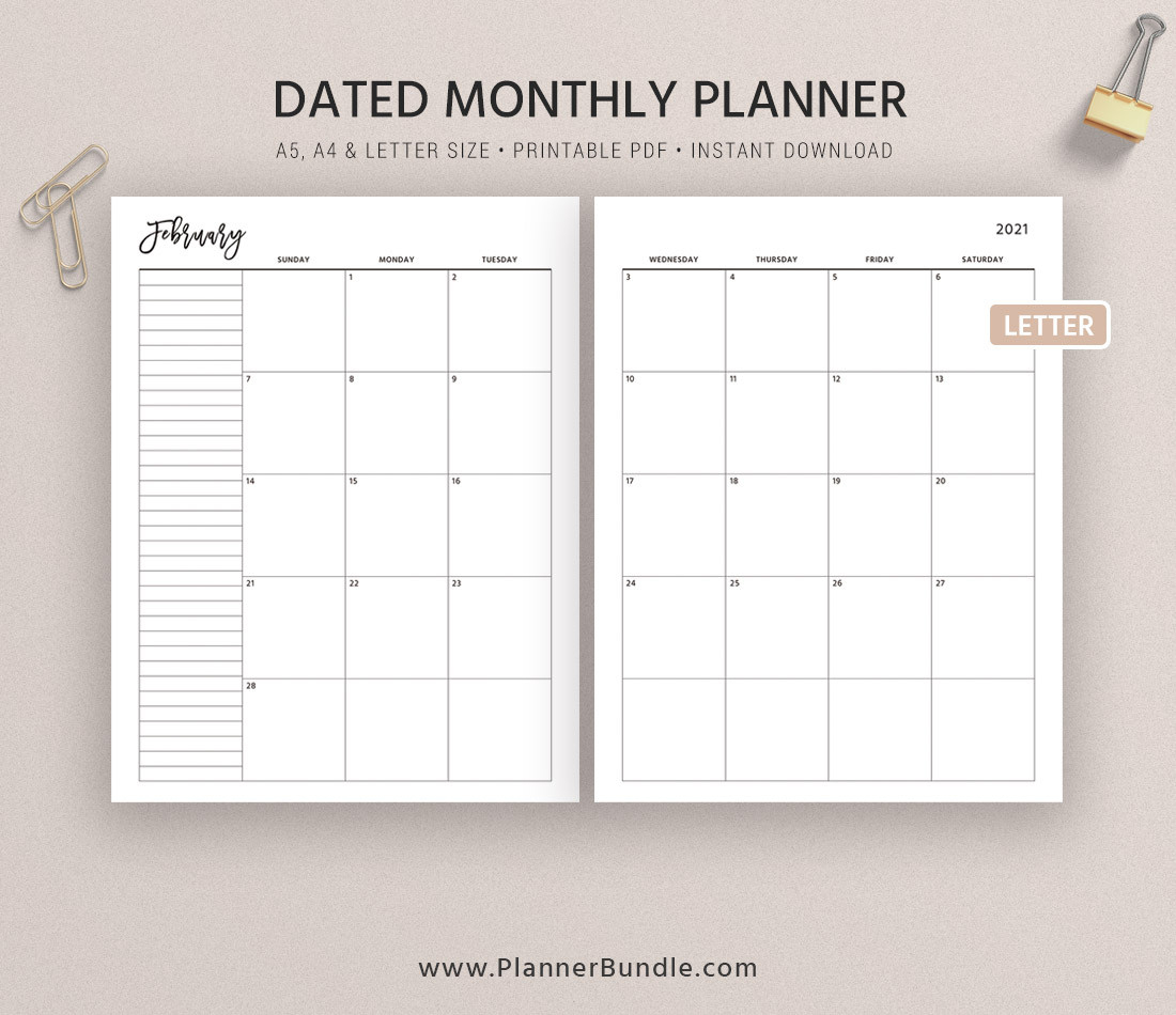 2021 Dated Monthly Planner, Monthly Calendar 2021-2021 Printable Monthly 2 Page Planner