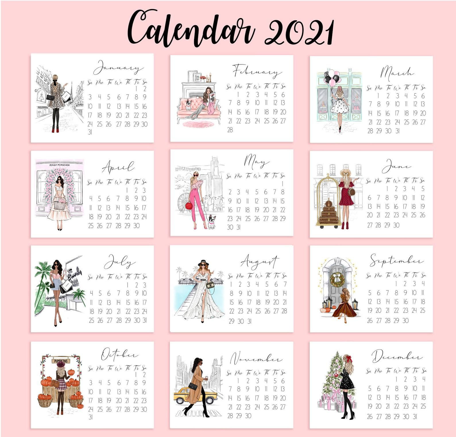 2021 Desk Calendar Fashion Illustration Mini Calendar-4X6 Printable Calendar 2021