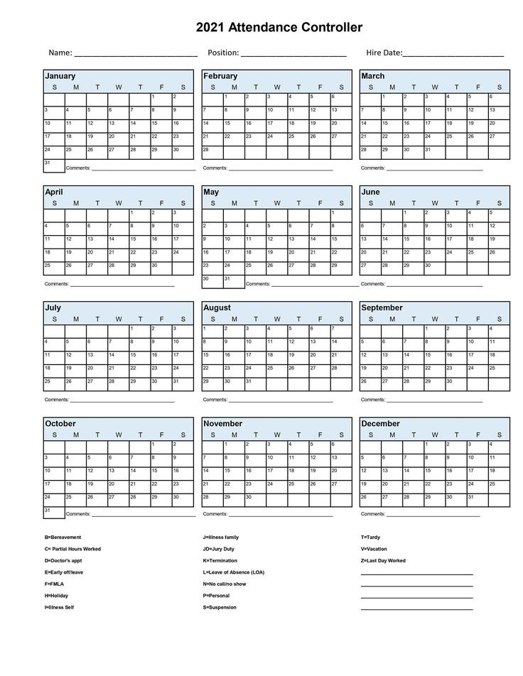 2021 Employee School Attendance Tracker Calendar Employee-2021 Attendance Calendar Download