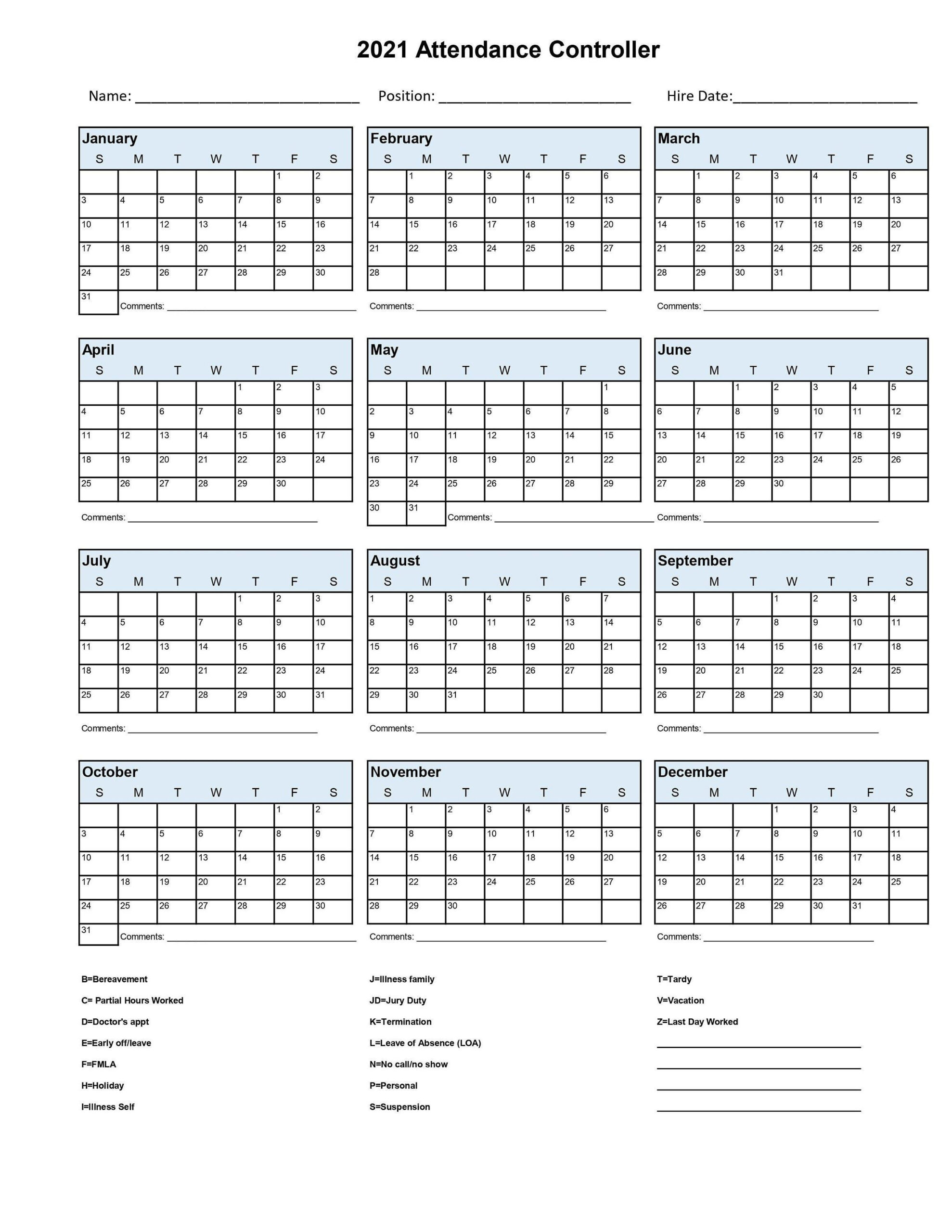 2021 Employee School Attendance Tracker Calendar Employee-2021 Attendance Calendar