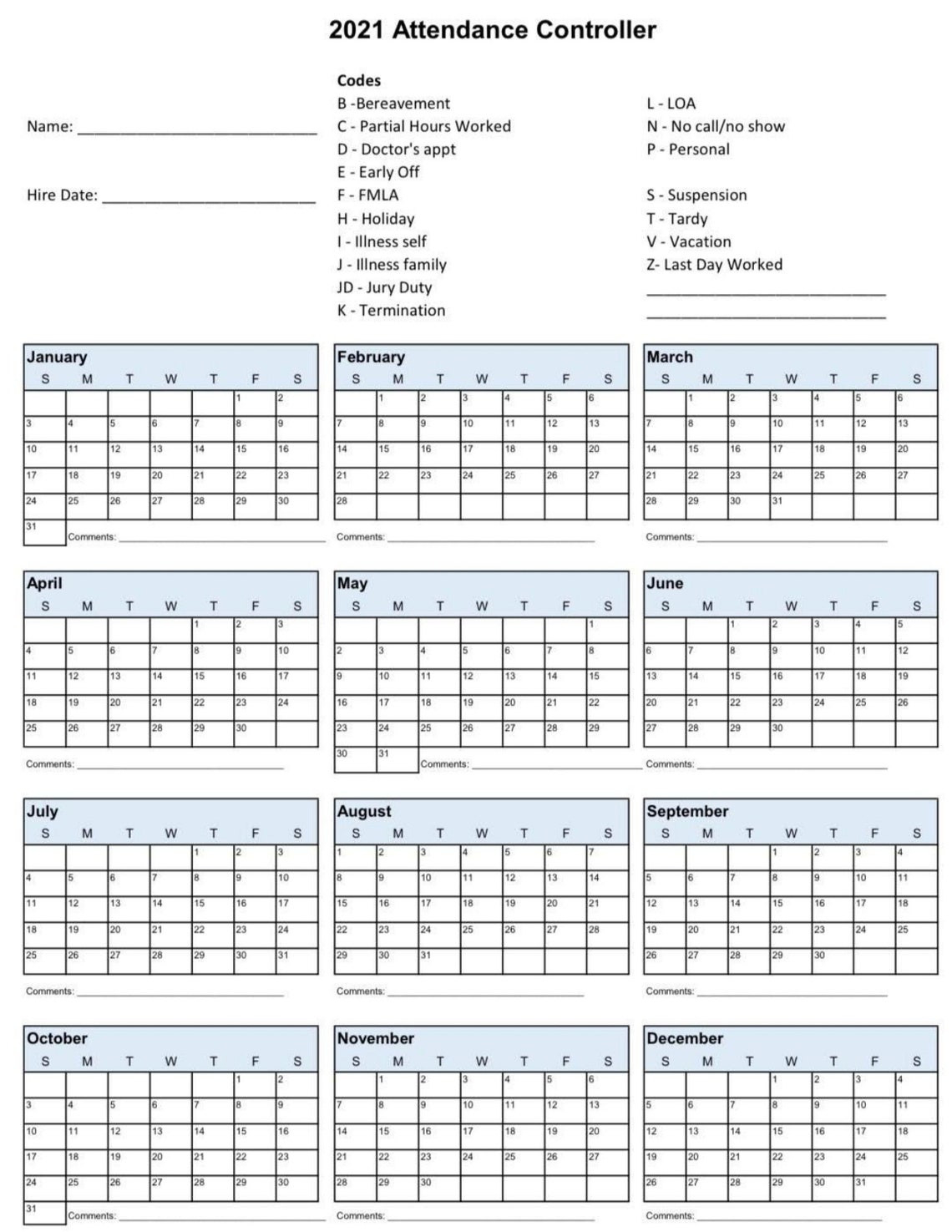 2021 Employee School Attendance Tracker Calendar Employee-2021 Attendance Tracker