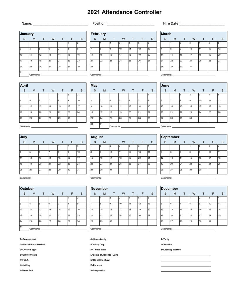 2021 Employee School Attendance Tracker Calendar Employee-2021 Printable Employee Attendance Calendar