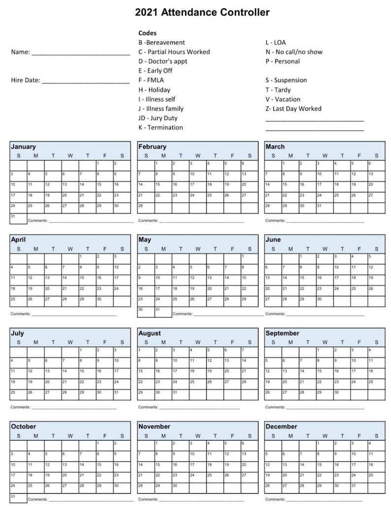 2021 Employee School Attendance Tracker Calendar Employee-Absentee Calendars 2021