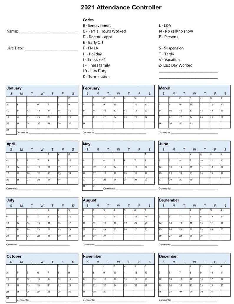 2021 Employee School Attendance Tracker Calendar Employee-Employee Vacation Planner 2021