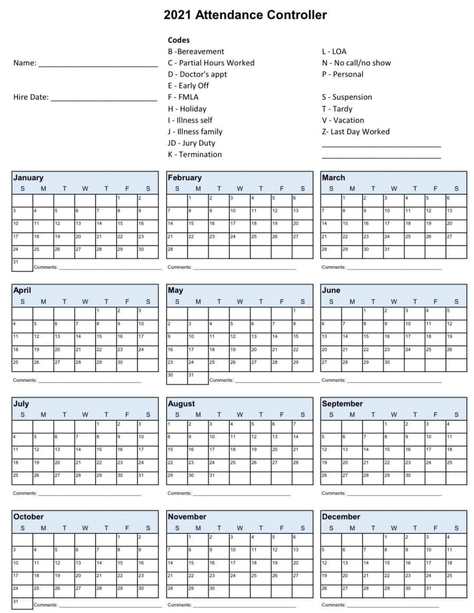 2021 Employee School Attendance Tracker Calendar Employee-Free Employee Attendance Calendar 2021