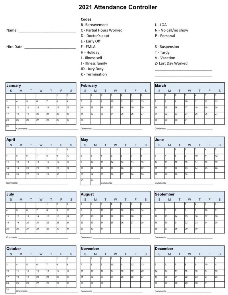 2021 Employee School Attendance Tracker Calendar Employee-Printable Employee Vacation Planner For 2021