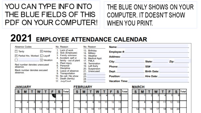 2021 Employee &amp; Staff Attendance Record Calendar: Choose-2021 Attendance Calendar Printable Pdf