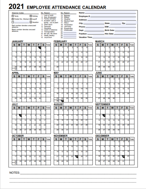 2021 Employee &amp; Staff Attendance Record Calendar: Choose-Printable Employee Calendar 2021