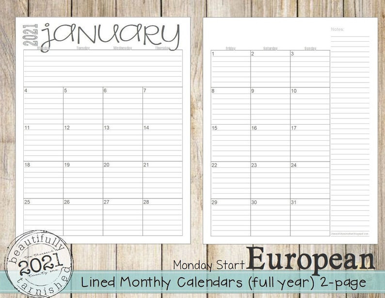 2021 European 2-Page Lined Monthly Calendars Full Year | Etsy-2 Page 2021 Calendar