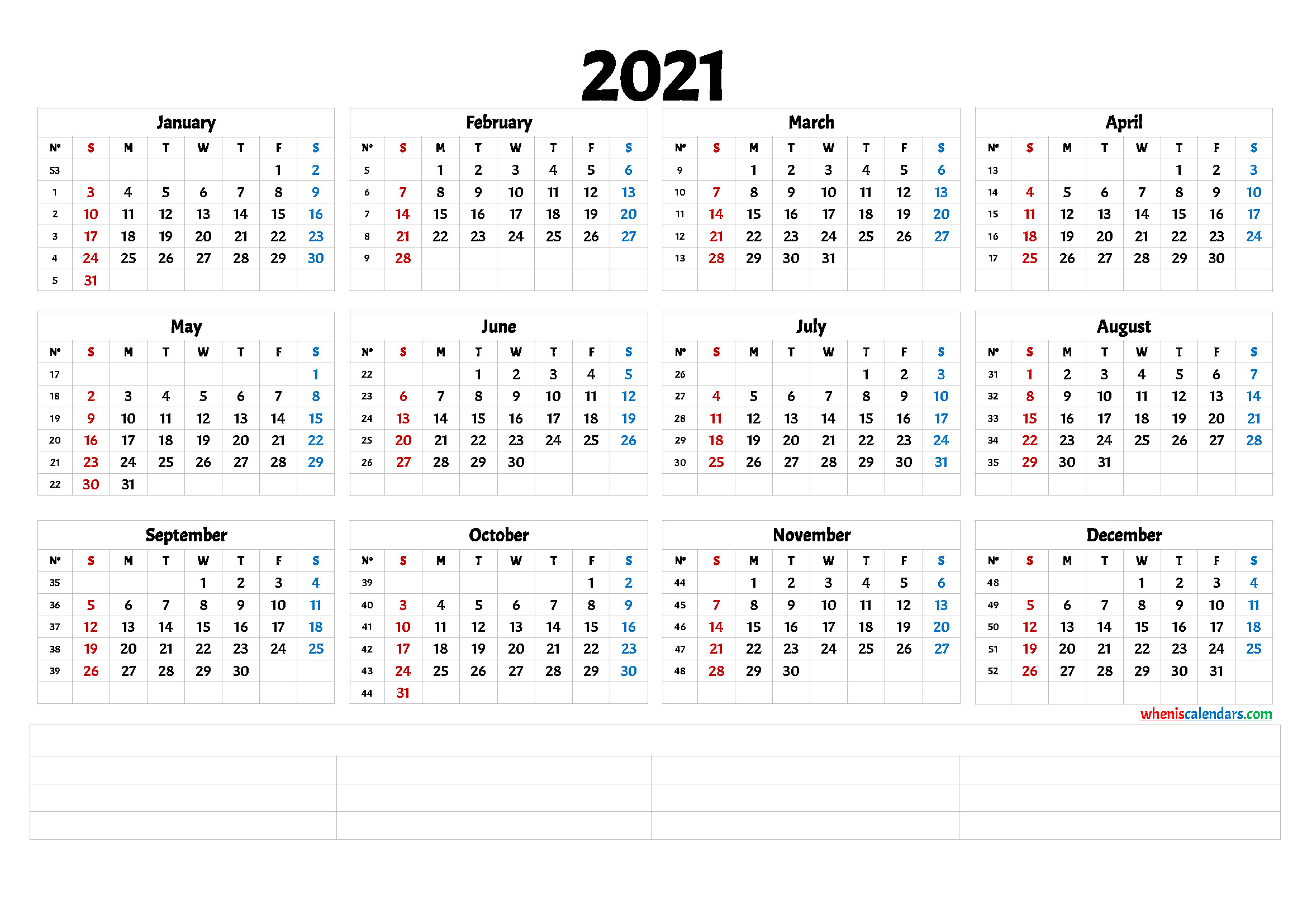 2021 Free Printable Yearly Calendar With Week Numbers (6-Calendar 2021 With Week Numbers