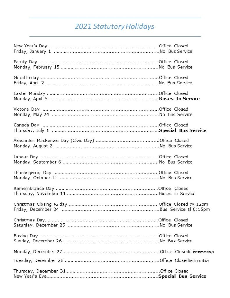 2021 Holiday Schedule - City Of Sarnia-2021 Vacation Schedule Forms