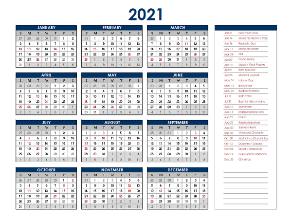 2021 India Annual Calendar With Holidays - Free Printable-Mercantile Holiday Calender 2021