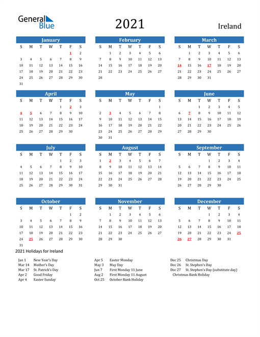 2021 Ireland Calendar With Holidays-2021 Excel Vacation Schedule Calendar