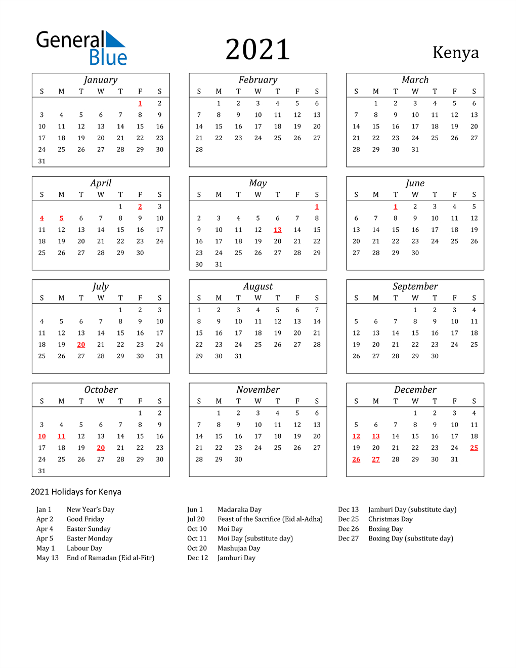 2021 Kenya Calendar With Holidays-2021 Excel Vacation Schedule Calendar
