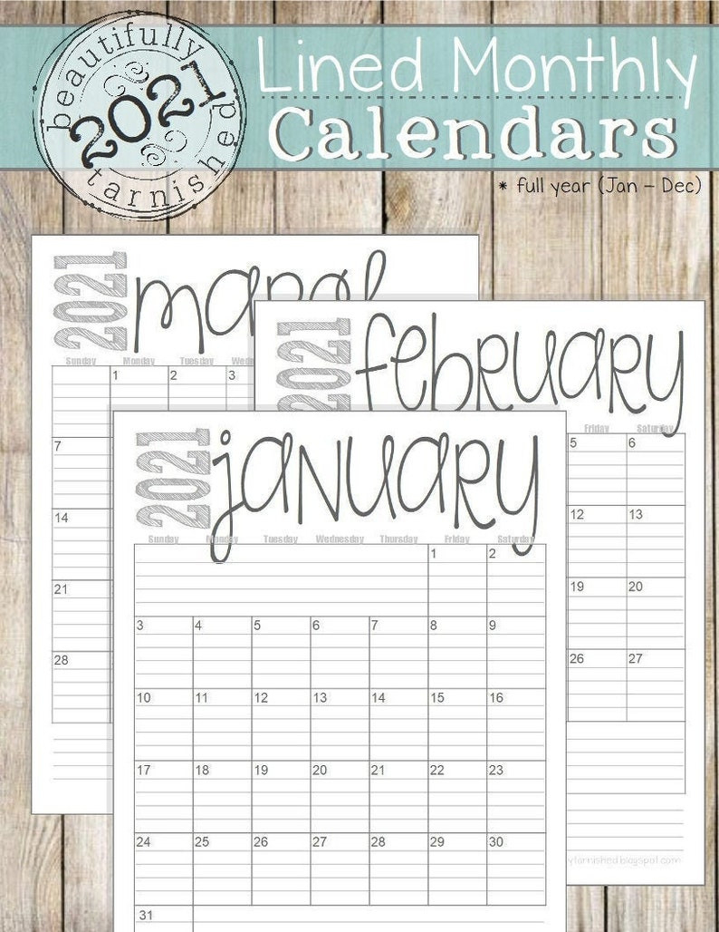 2021 Lined Monthly Calendars Full Year Printable Download-2021 Printable Calendar By Month