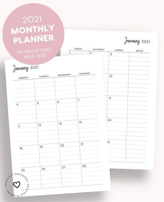 2021 Lined Monthly Planner Printable 2021 Month On 2 Pages-2 Page 2021 Calandar
