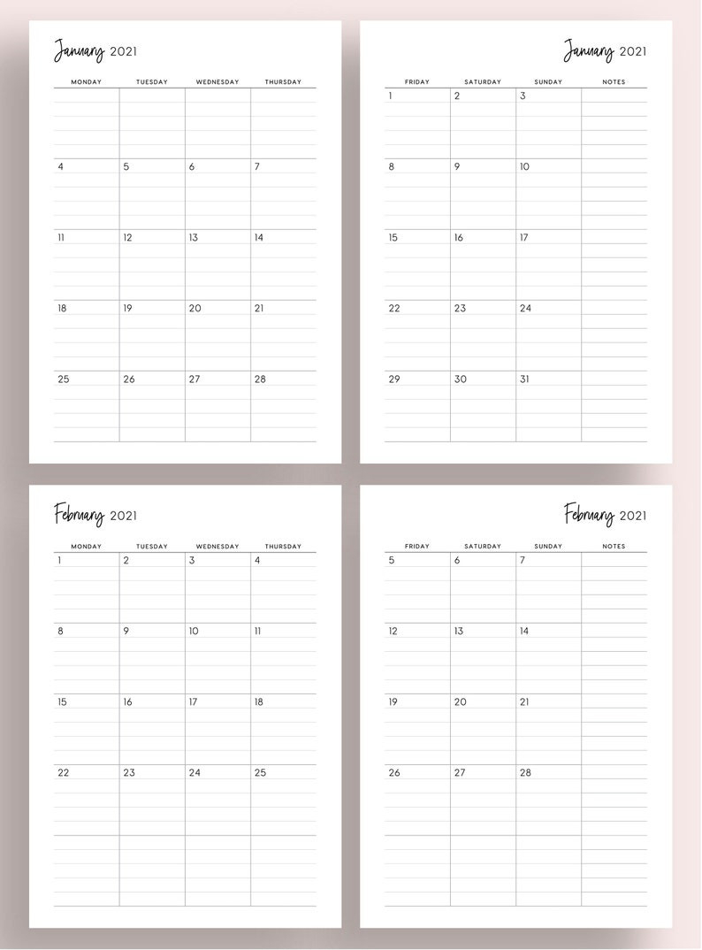 2021 Lined Monthly Planner Printable 2021 Month On 2 Pages | Etsy-2021 Calendar 2 Page