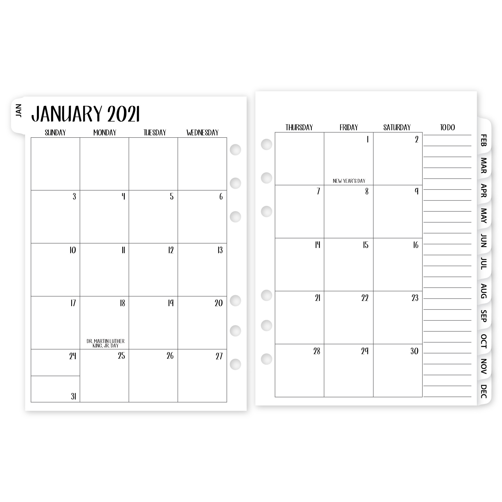 2021 Month On 2 Pages Tabbed Deluxe Calendar For Rings-2 Page Monthly Calendar Printable 2021
