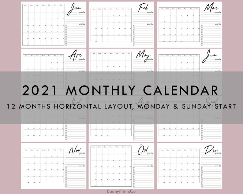 2021 Monthly Calendar Horizontal 12 Months Planner | Etsy-Calendar Month 2021