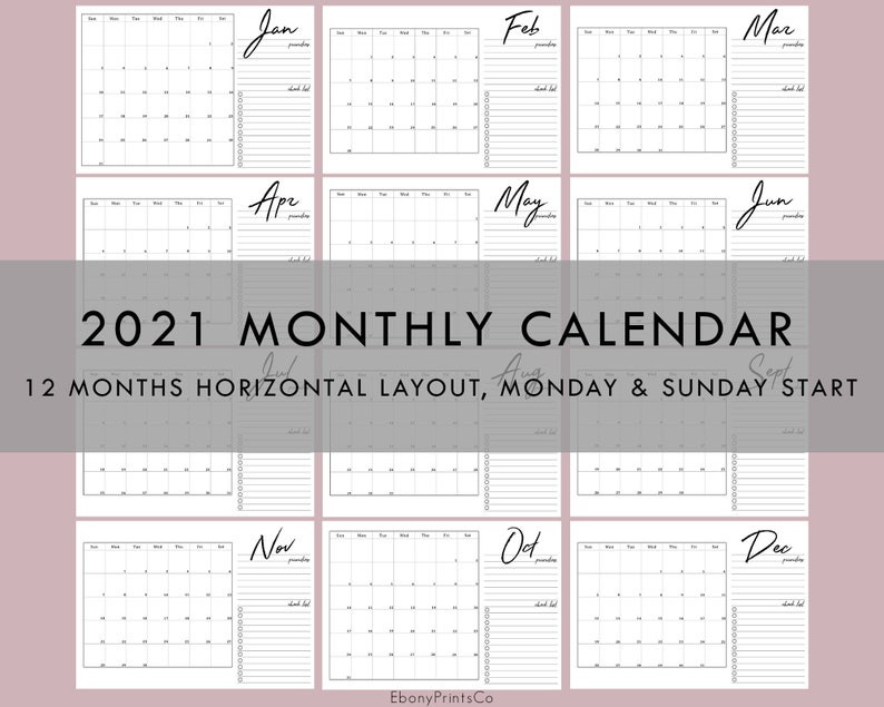 2021 Monthly Calendar Horizontal 12 Months Planner | Etsy-Calendar Monthly 2021