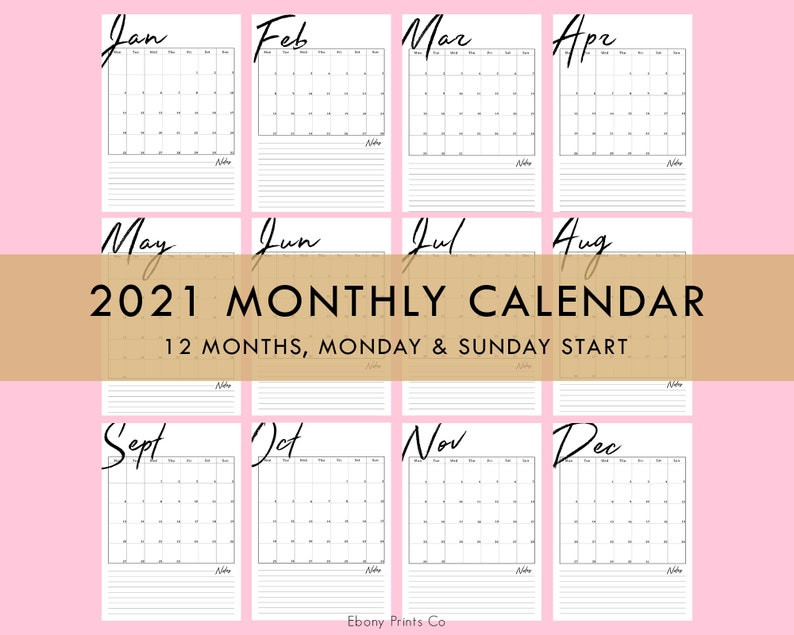 2021 Monthly Calendar Vertical 12 Months Planner Printable-2 Page Montly 2021 Calendar